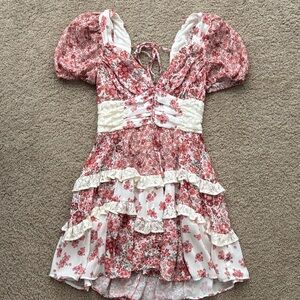 Altar'd State White and Pink Floral Ruffle Mini Dress